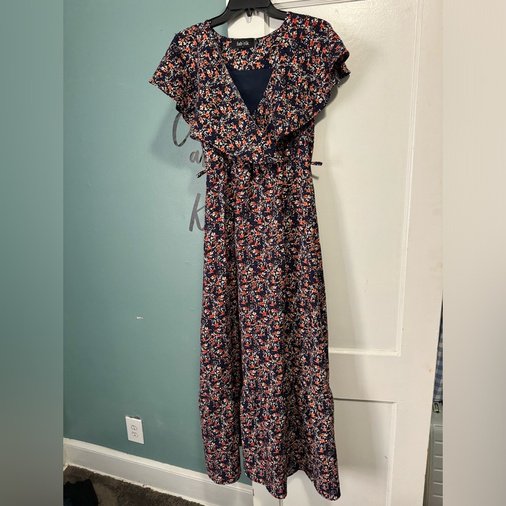 Fab’rik Blue Orange White Floral Flutter Sleeve Maxi Dress S Small